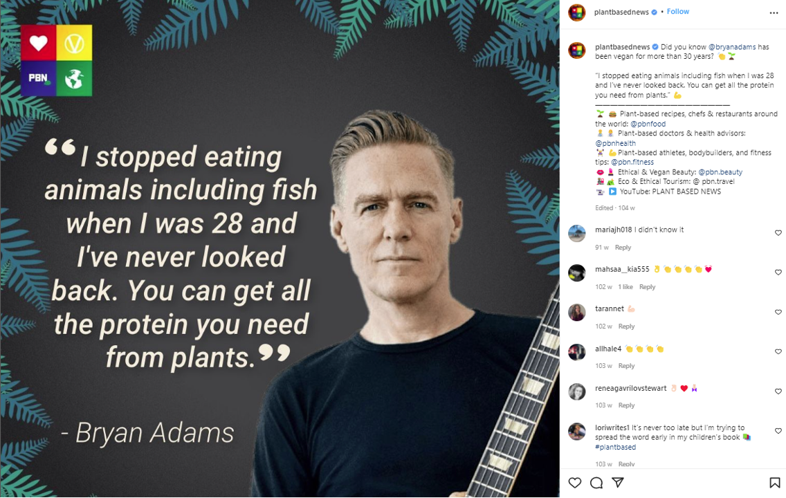 Bryan Adams' post about veganism